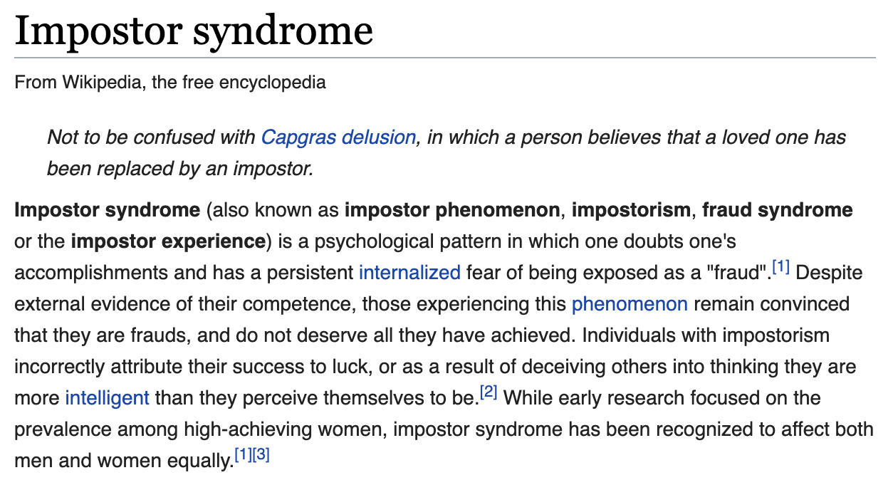 screenshot of the impostor syndrome wikipedia page