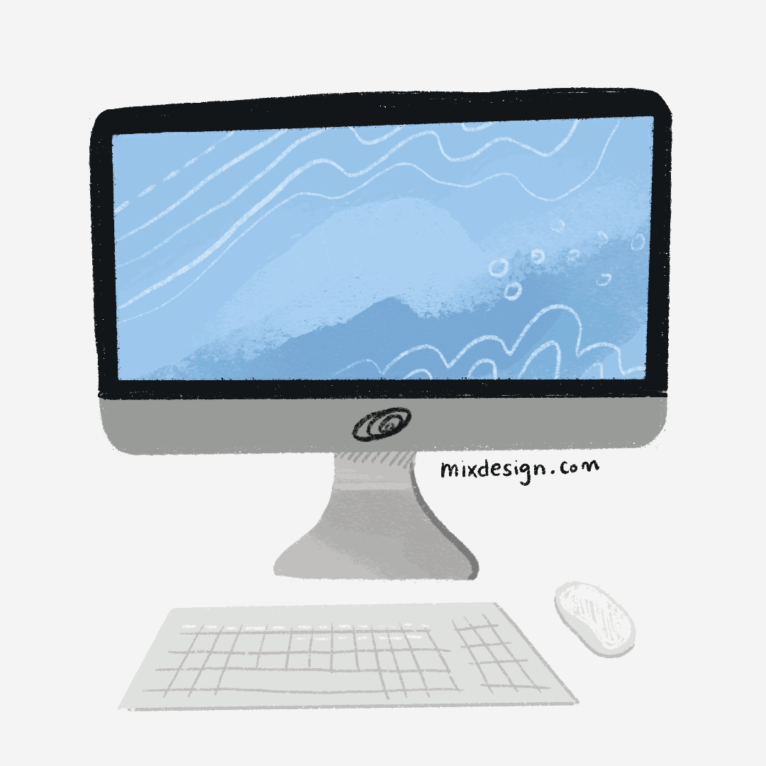Doodle of an imac, on the screen it says: let's jump on zoom.